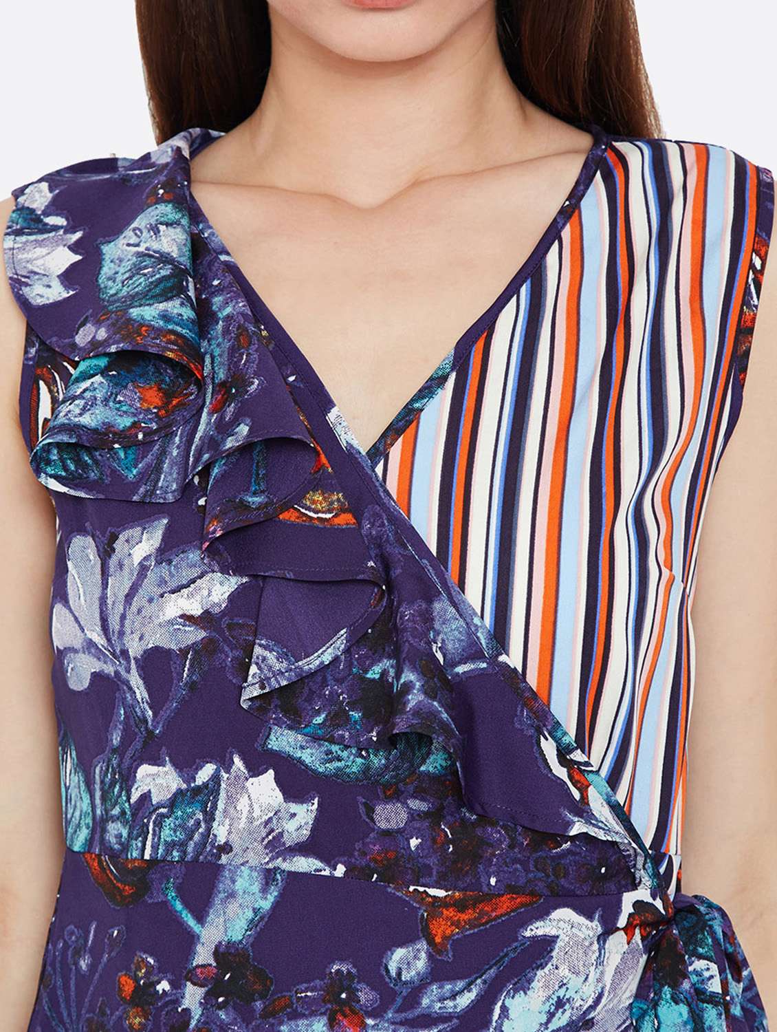 ruffle detail floral stripe wrap dress - 16332818 - Standard Image - 4