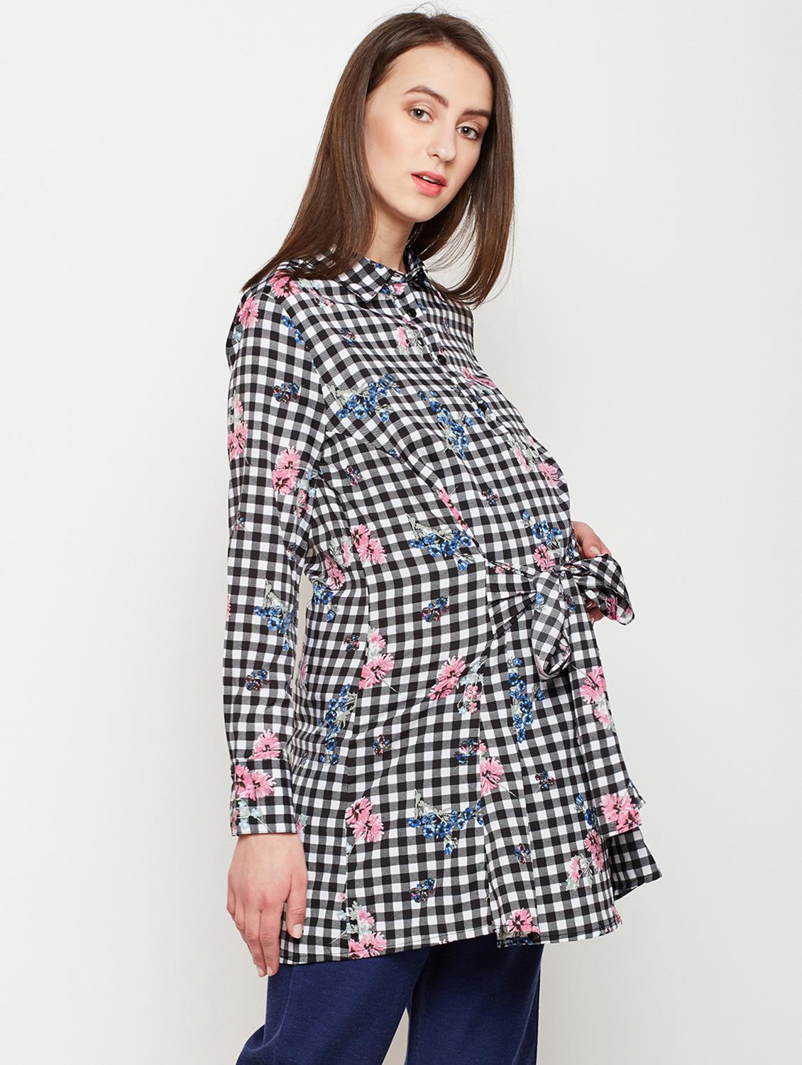 checkered tie front maternity tunic - 16333077 - Standard Image - 1