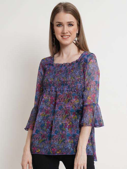 women floral print smocked detail bell sleeved top - 16335308 -  Standard Image - 0