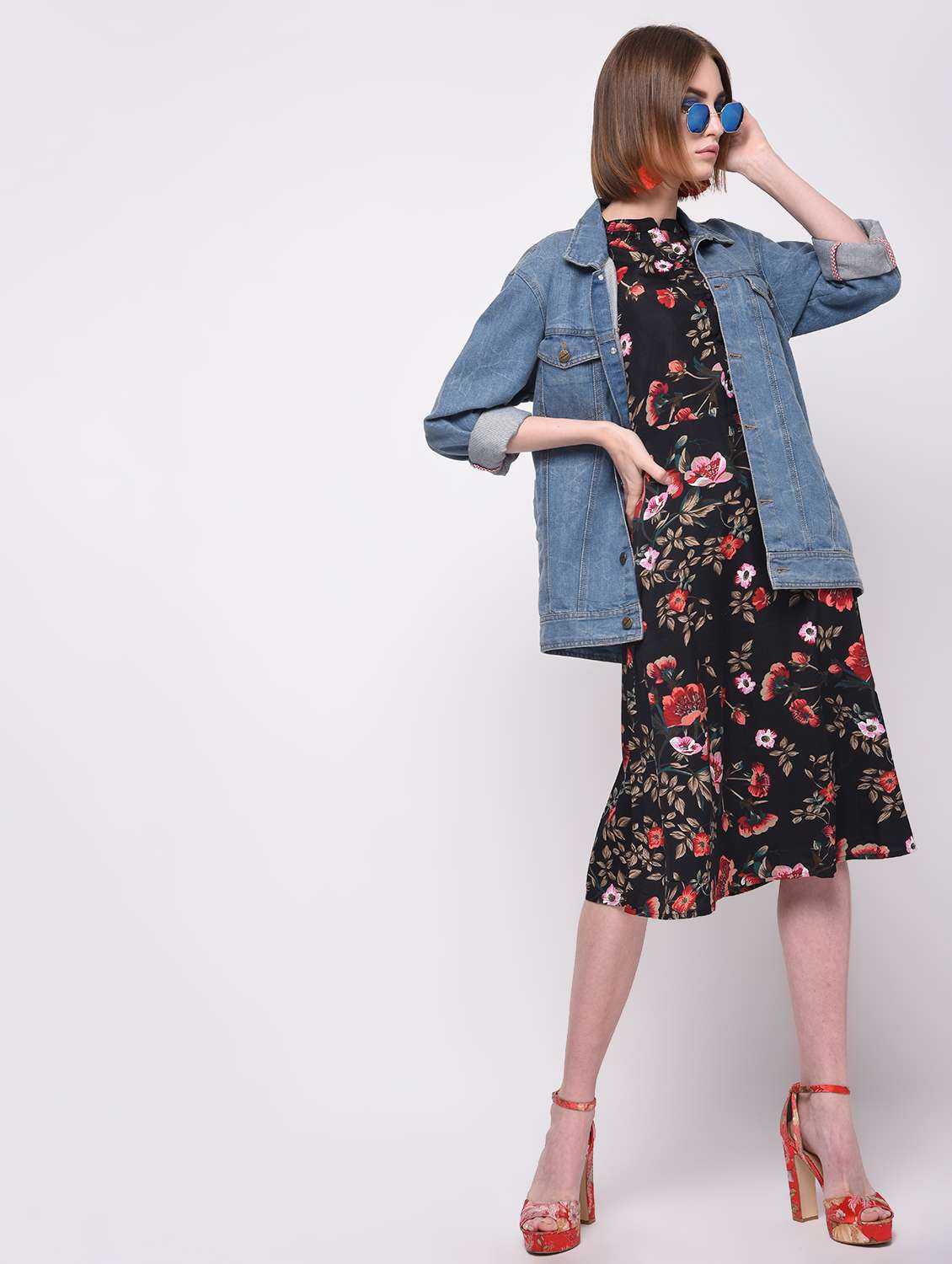 mandarin neck floral a-line dress