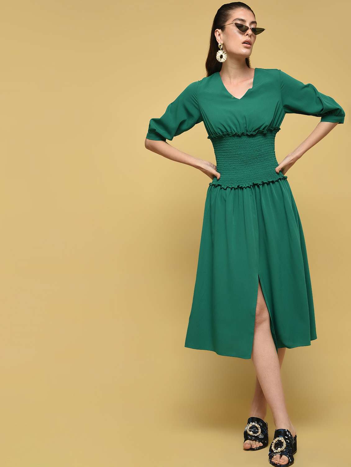 smocked waist front slit fit & flare dress