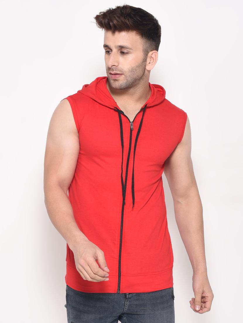 men red slim fit sleeveless hooded t-shirt - 16341770 - Zoom Image - 0