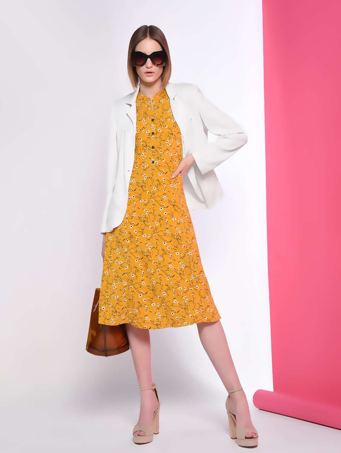 button detail floral a-line dress