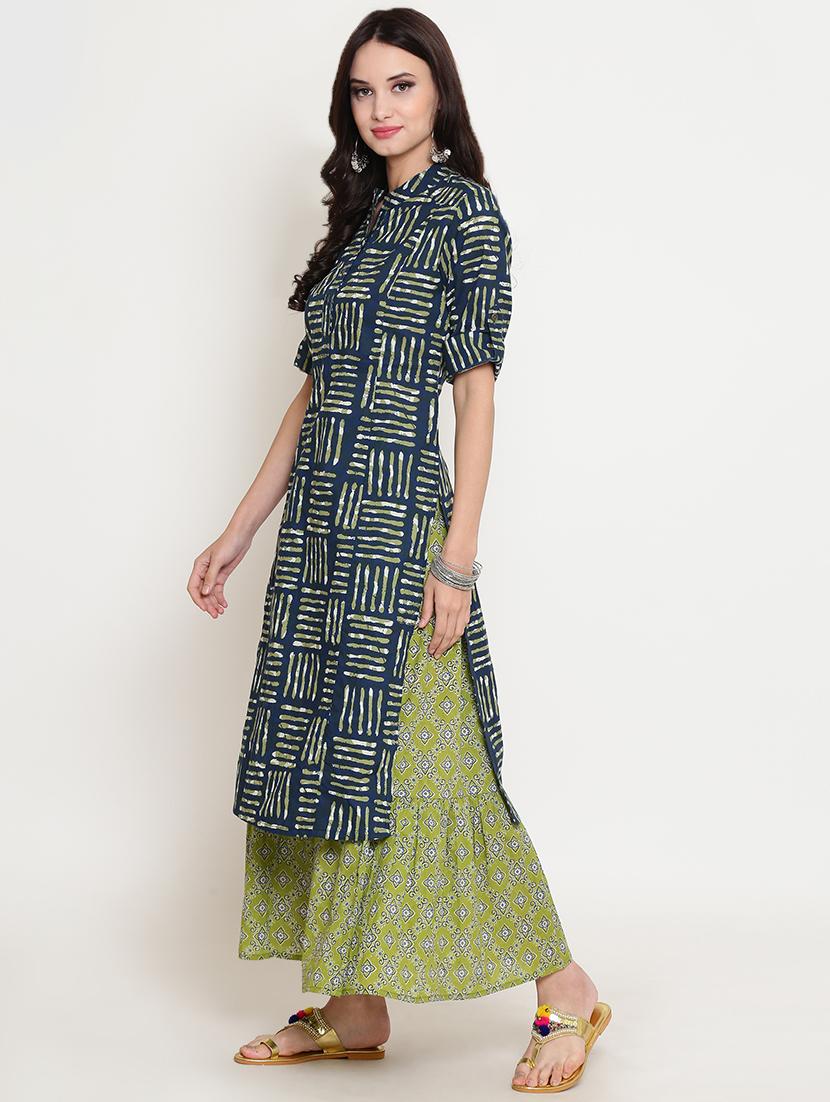 indigo straight kurta skirt set - 16342757 - Standard Image - 1