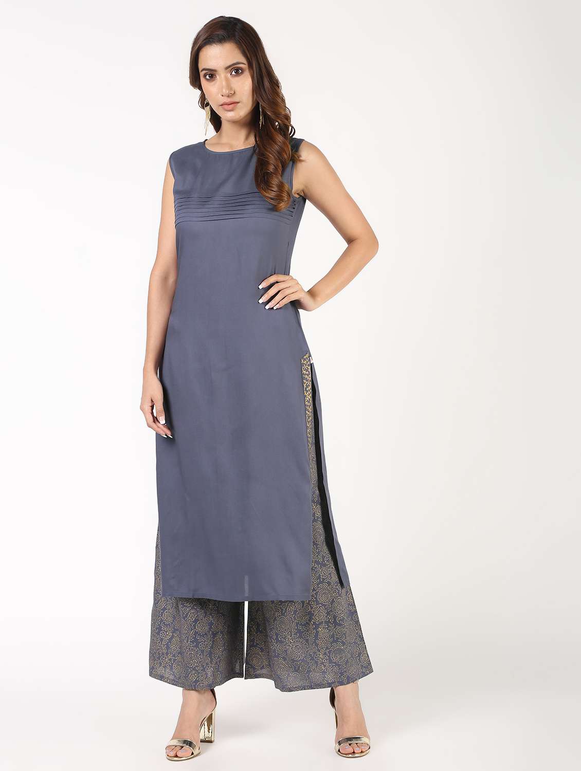 solid pintucks kurta with gold print palazzo set