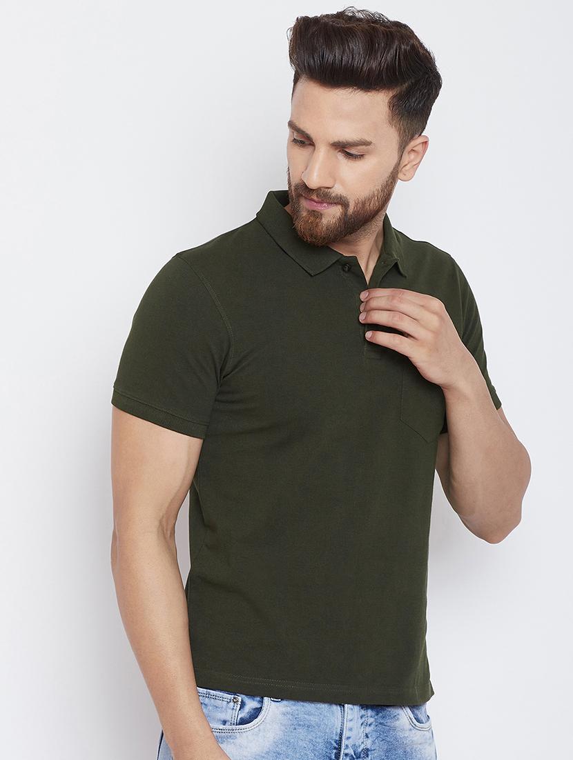 olive green solid polo t-shirt - 16345147 - Standard Image - 1