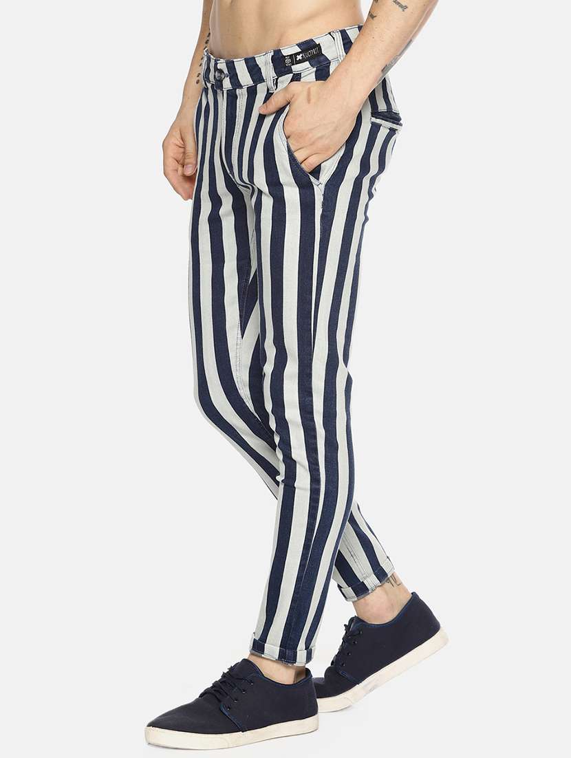 blue striped flat front casual trouser - 16345285 -  Standard Image - 1