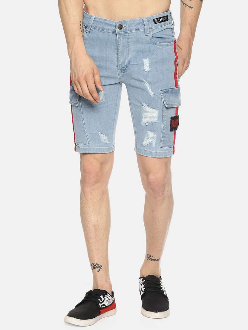 light blue side striped ripped denim shorts