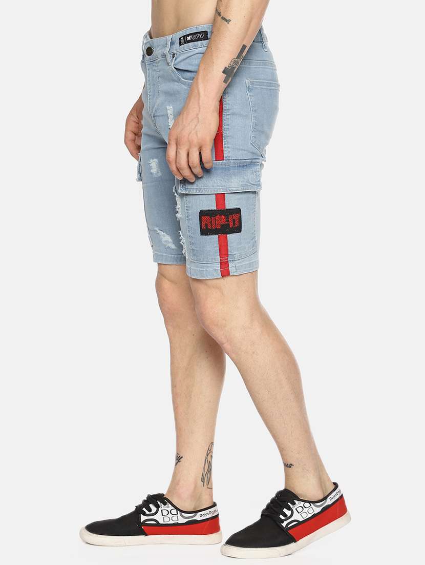 light blue side striped ripped denim shorts - 16345296 - Standard Image - 1