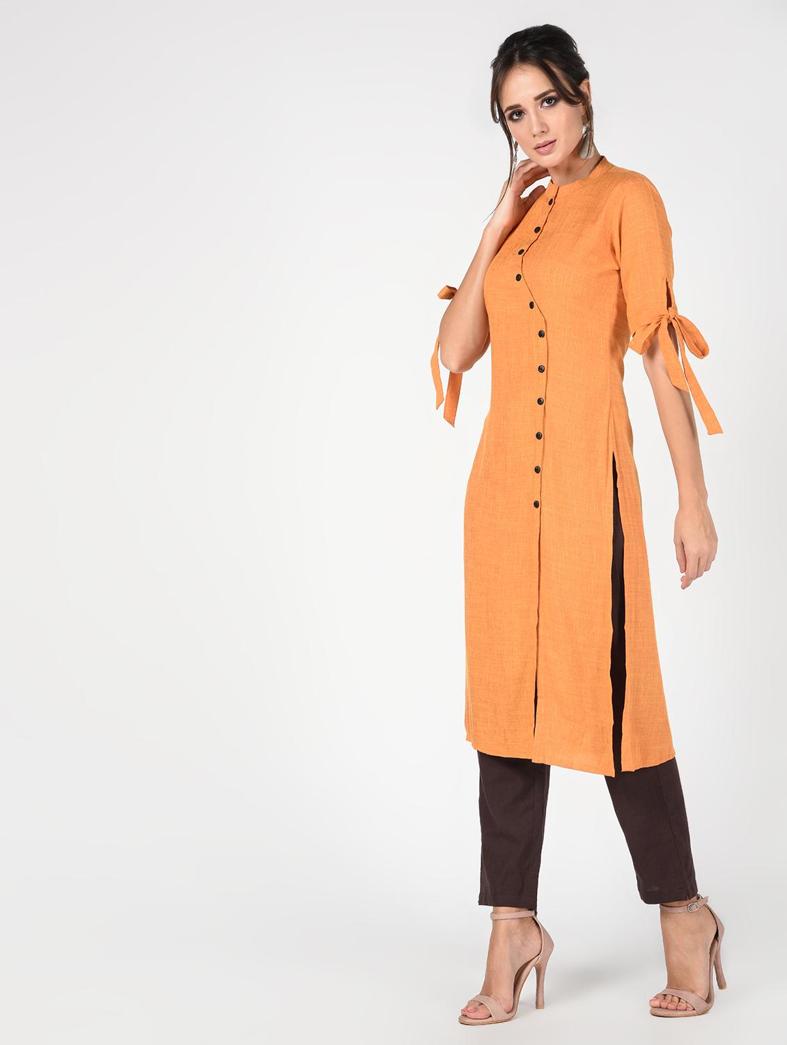 asymmetric placket solid kurta pant set - 16346397 - Standard Image - 1