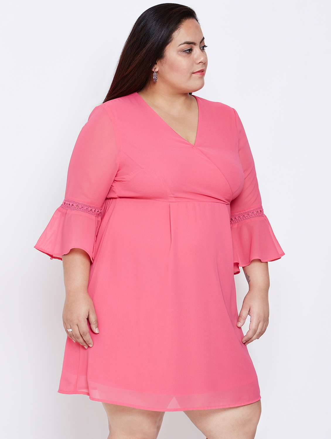 lace trim flute sleeved empire dress - 16348906 - Standard Image - 1