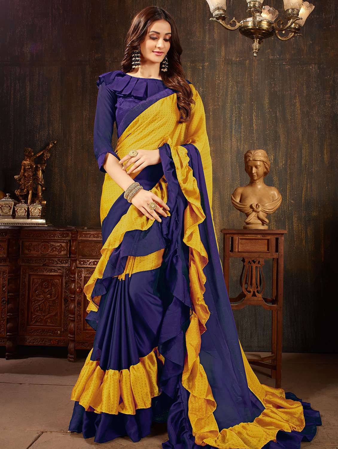 contrast ruffle border saree with blouse