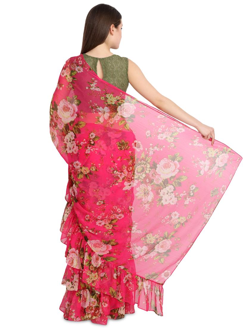 floral printed ruffle saree with blouse - 16358828 - Standard Image - 1