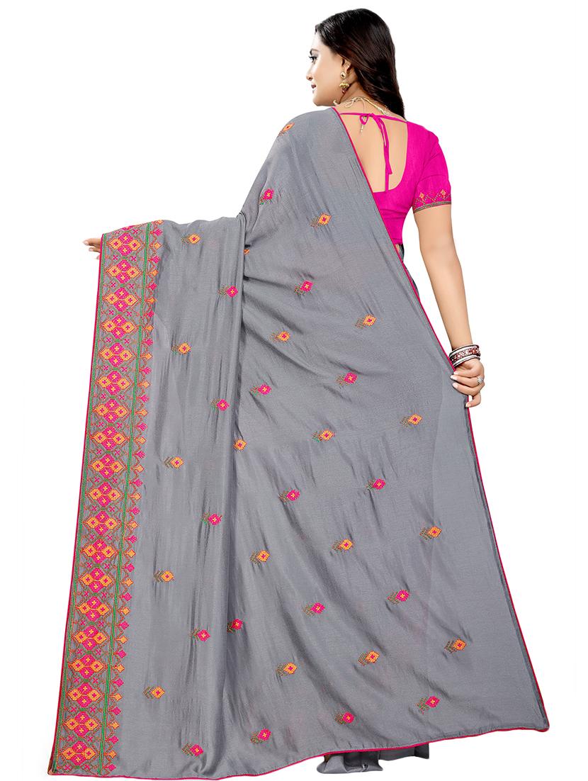 grey georgette embroidered saree with blouse - 16360478 -  Standard Image - 1