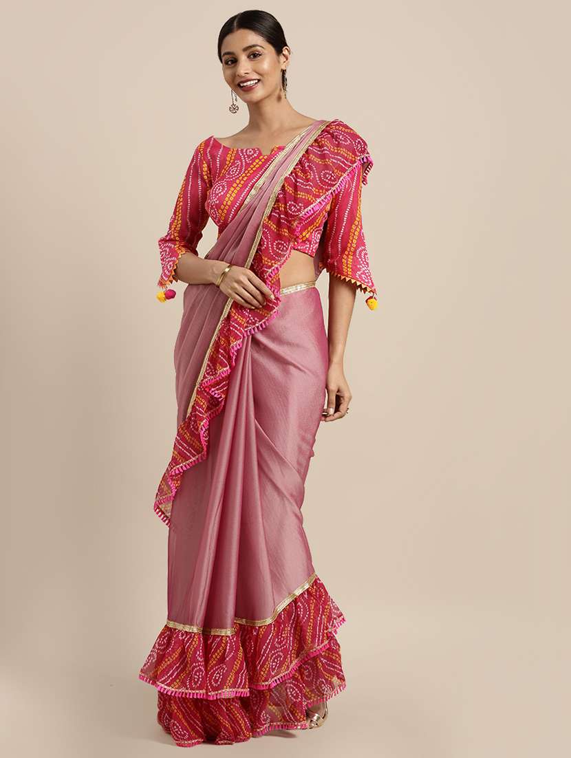 bandhani ruffle bordered saree with blouse
