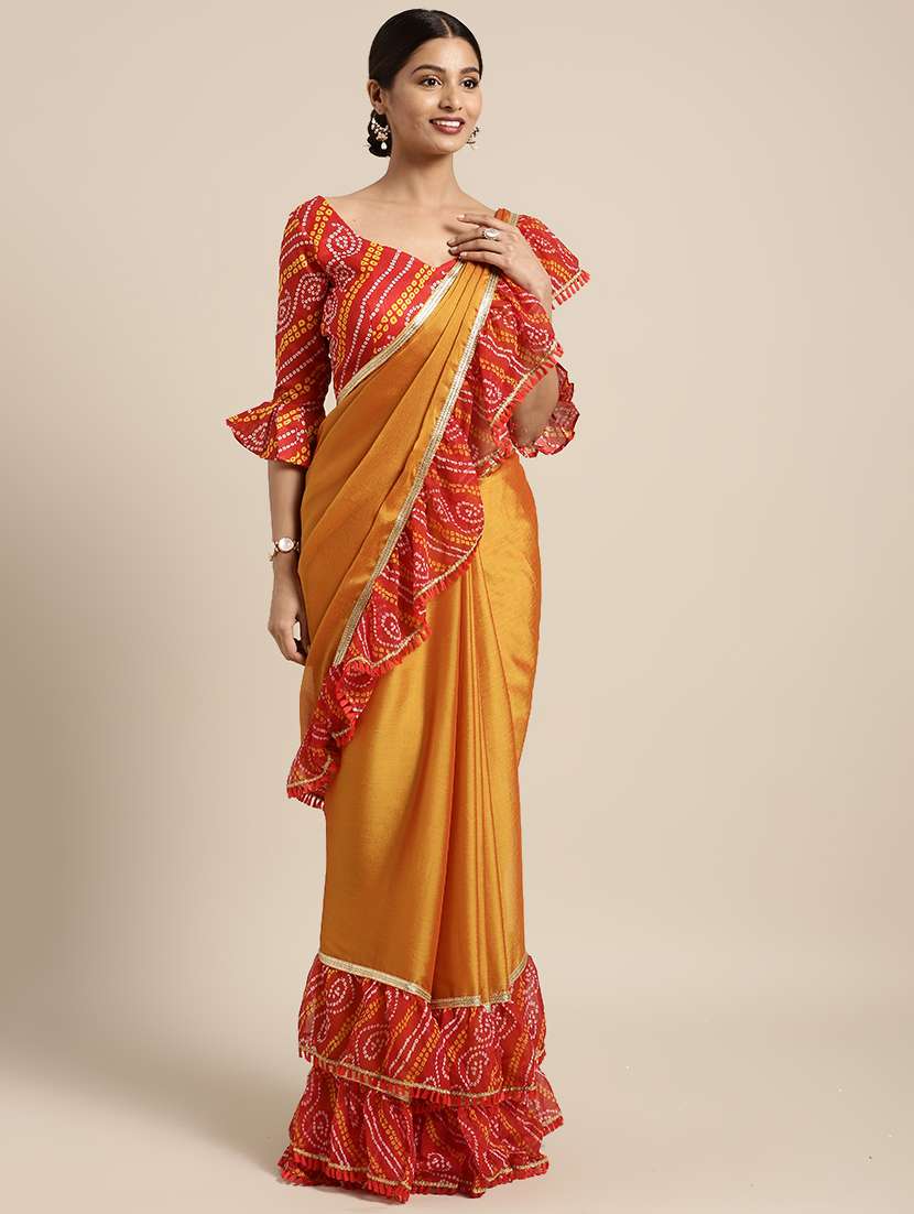 bandhani ruffle border saree with blouse