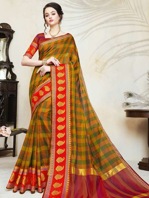 checkered woven saree with blouse - 16373933 - Standard Image - 0