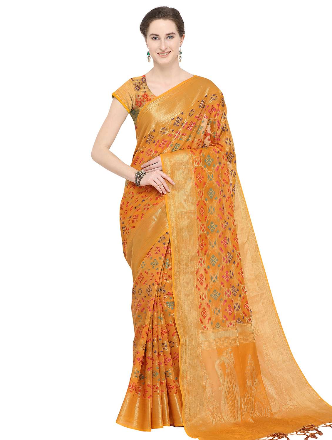 contrast bordered woven saree with blouse