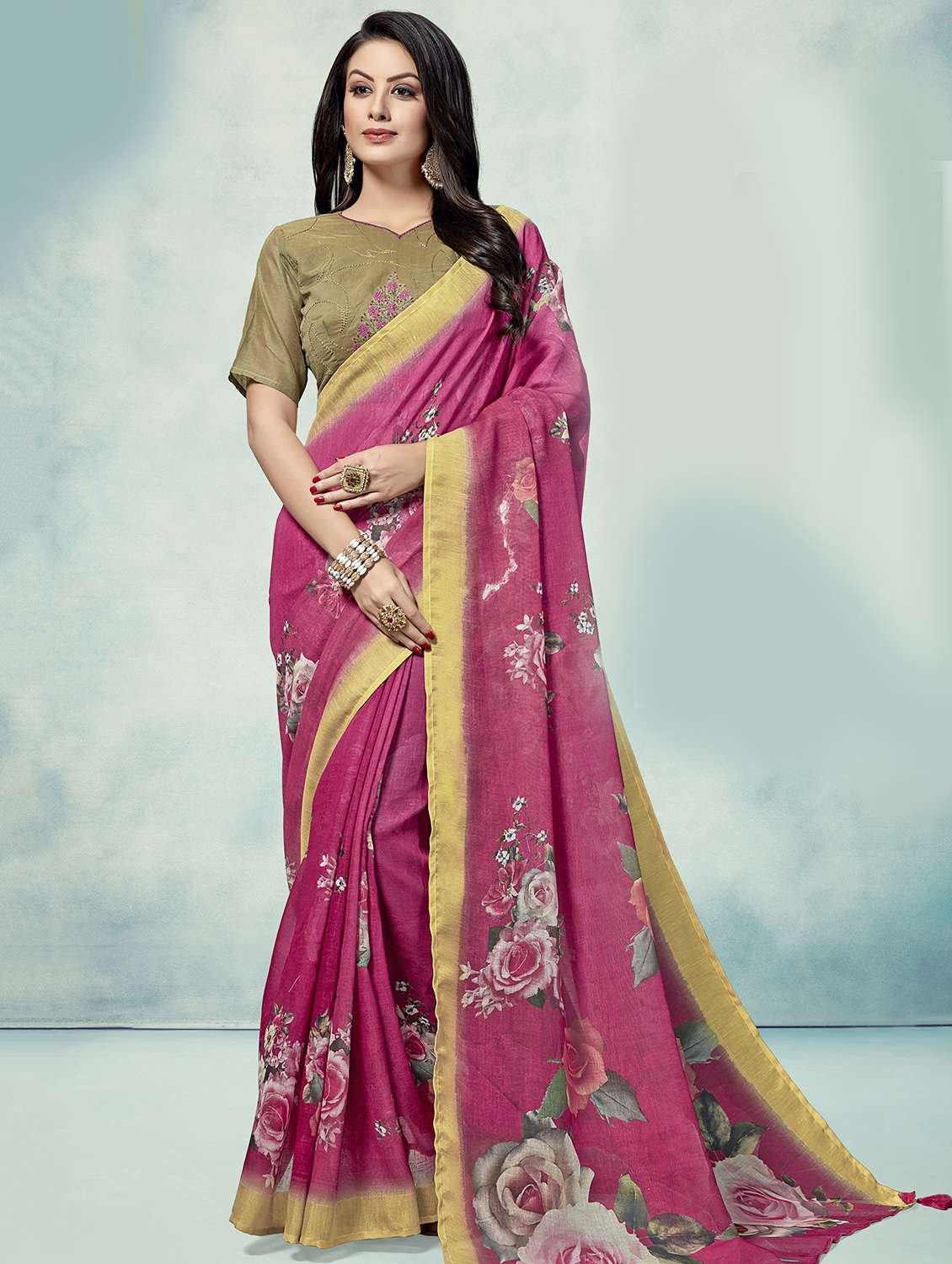 women's floral coral colored saree