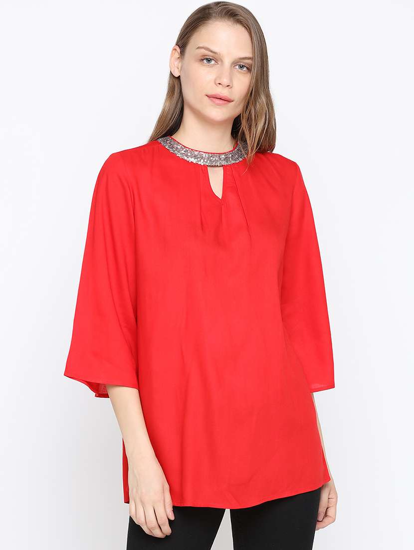 embellished key hole neck solid top 