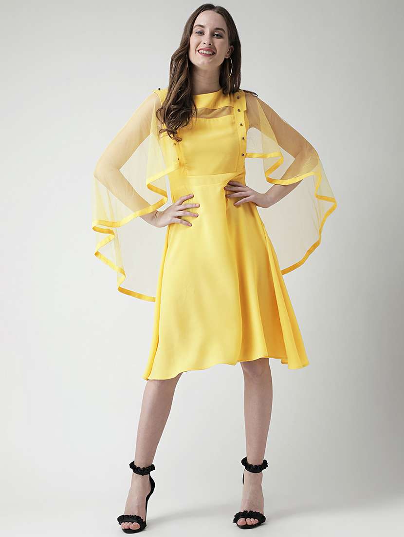 pearl embellished cape sleeved a-line dress 