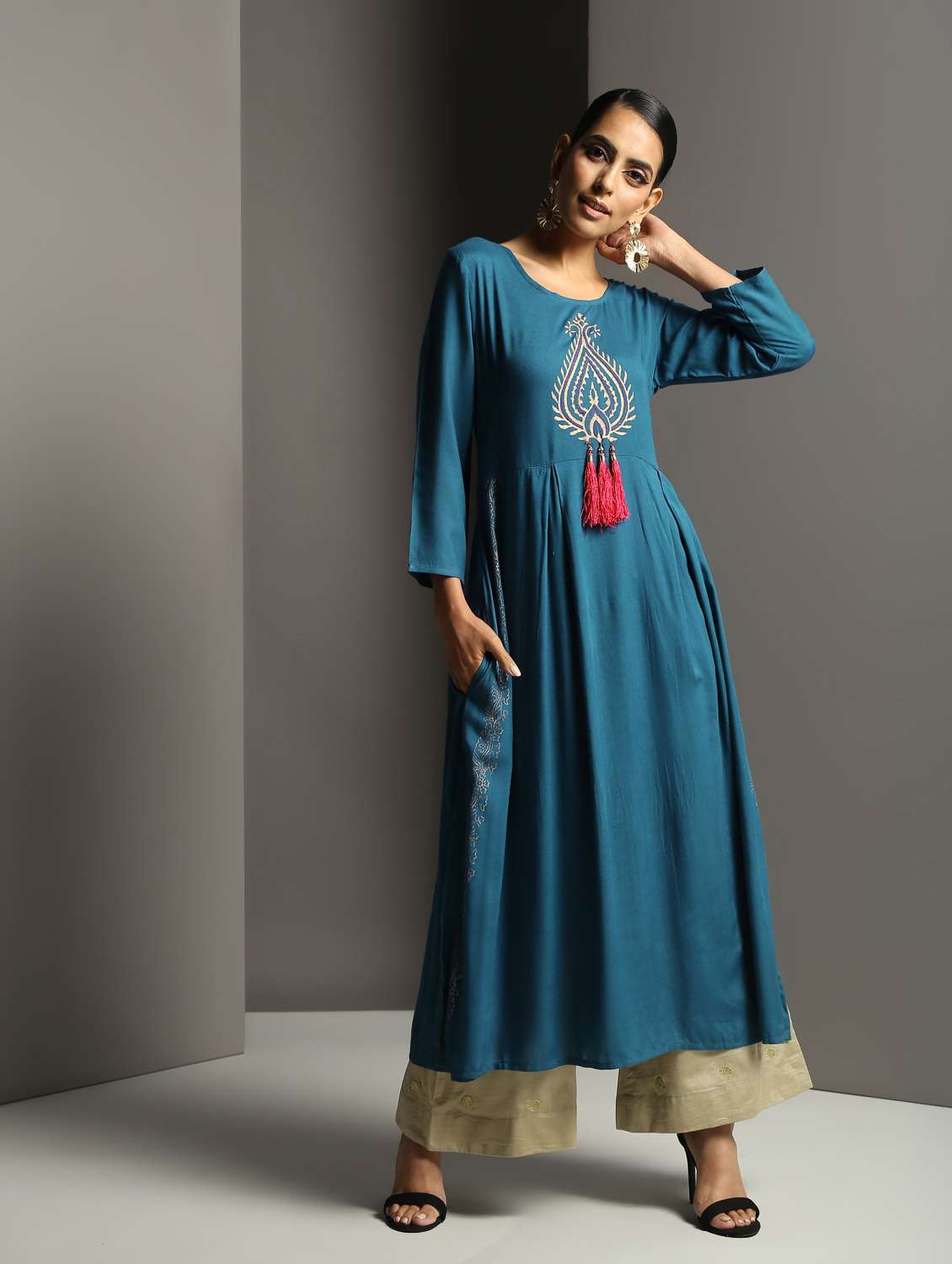 block print flared kurta