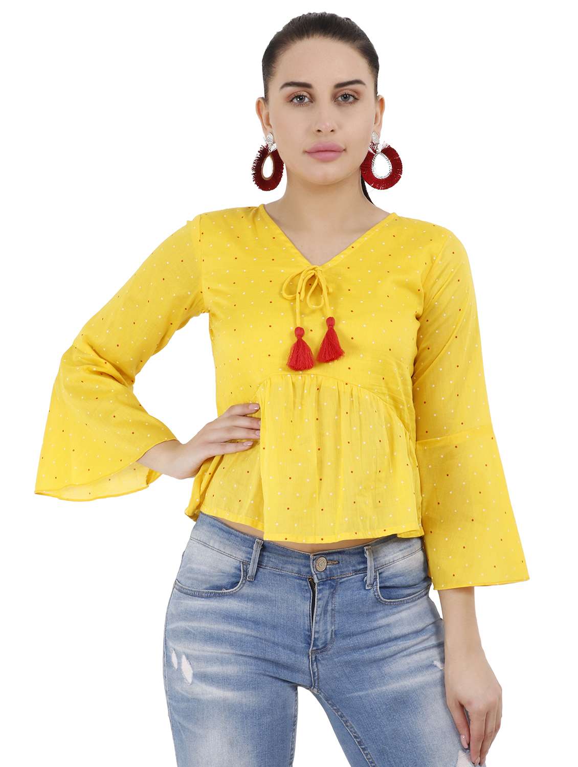 tie up neck gathered hem short top 