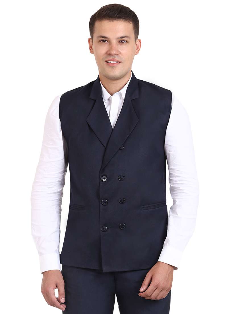 navy blue solid classic waist coat