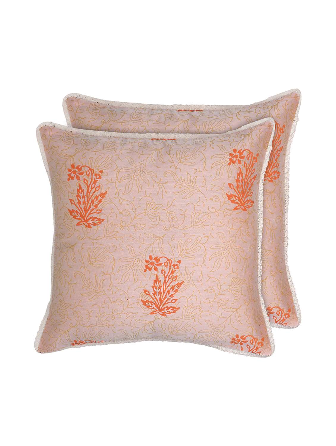 ivory orange block printed reversible cushion cover