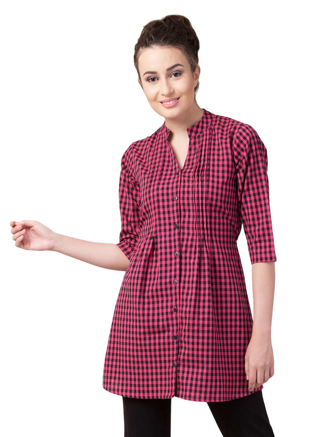 button detail tie knot back checkered tunic