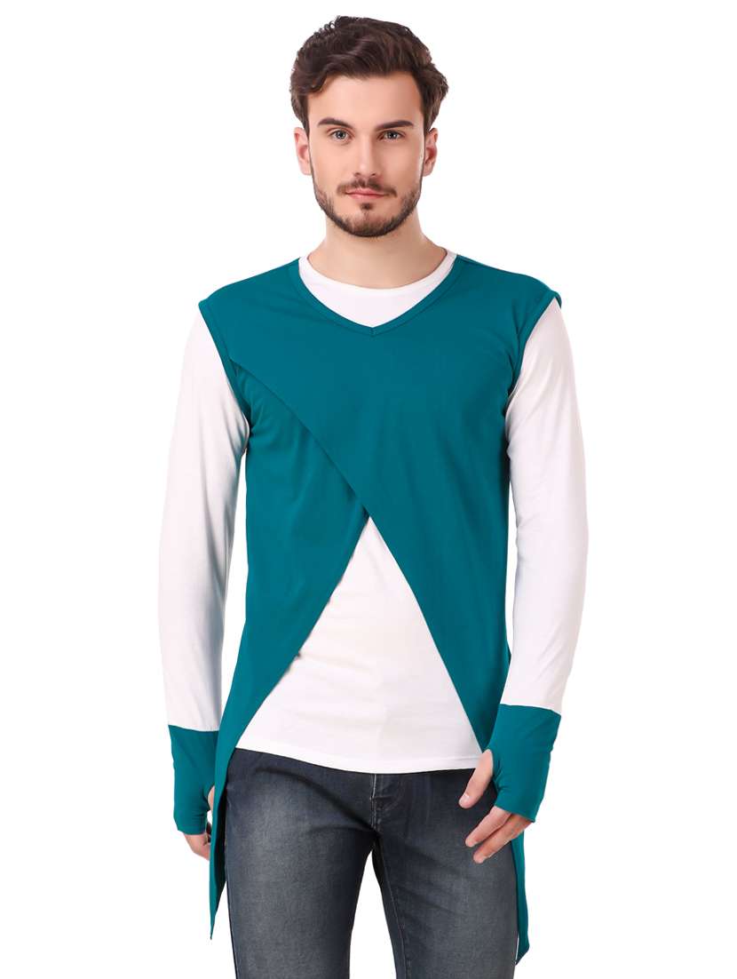 teal blue cut & sew thumb hole t-shirt - 16406287 -  Zoom Image - 0