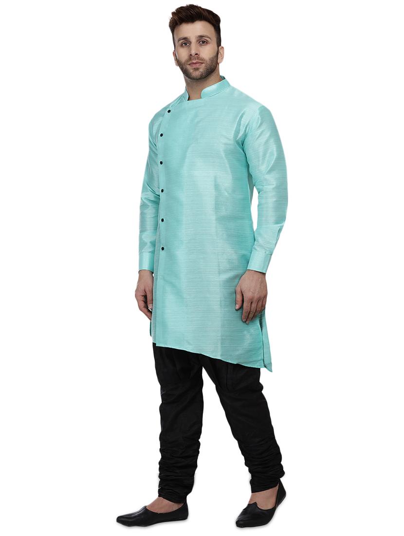 light blue dupion long kurta - 16408979 -  Standard Image - 1