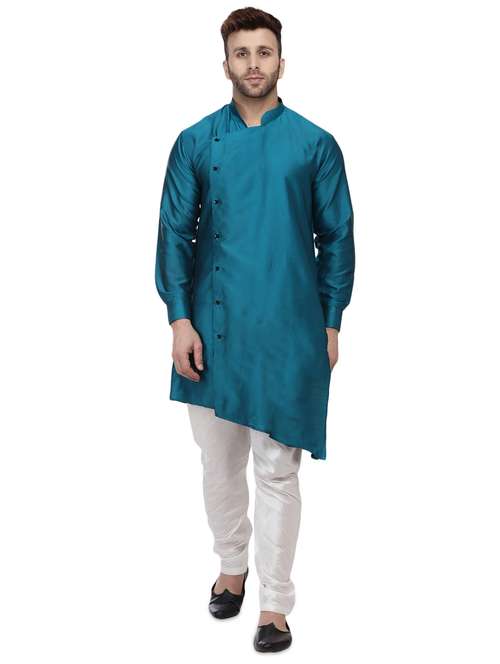 blue dupion long kurta - 16408980 - Standard Image - 0