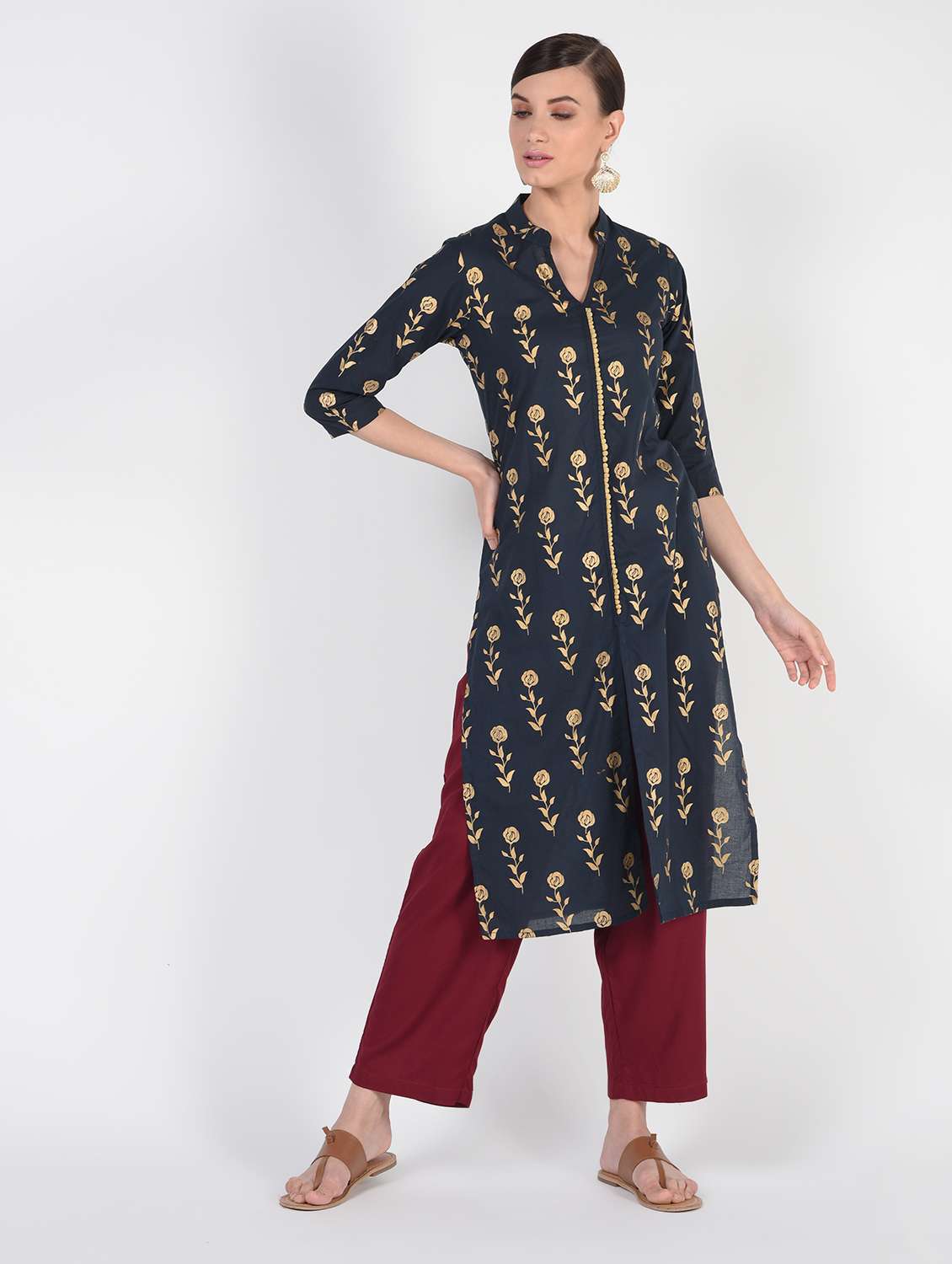 gold printed straight kurta