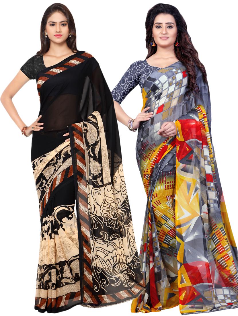 set of 2 multicolor printed saree combo with blouse - 16426583 - Zoom Image - 0