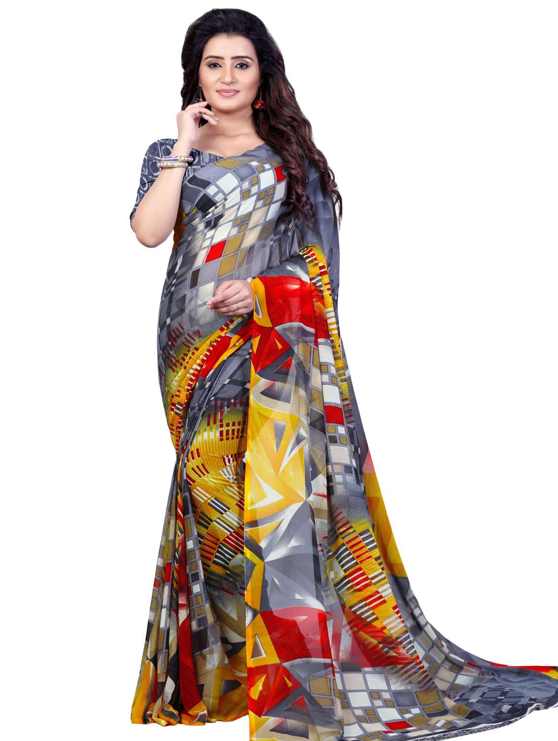 yellow georgette printed saree with blouse - 16426860 -  Zoom Image - 0