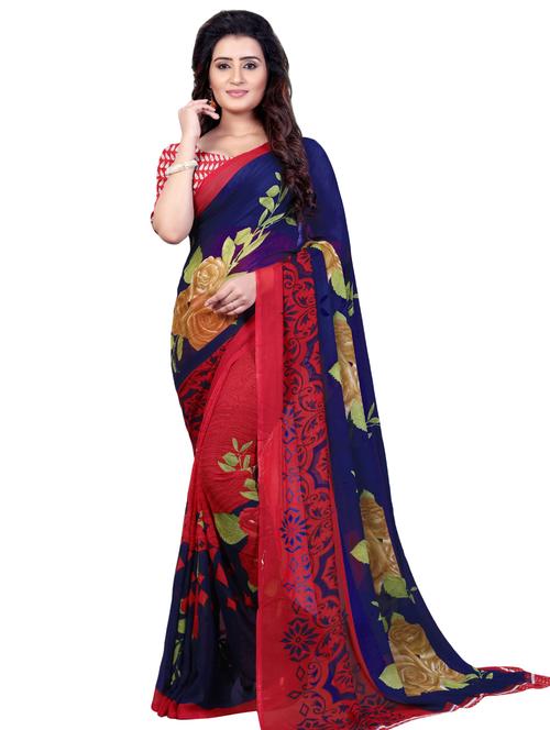 red georgette printed saree with blouse - 16426864 - Standard Image - 0