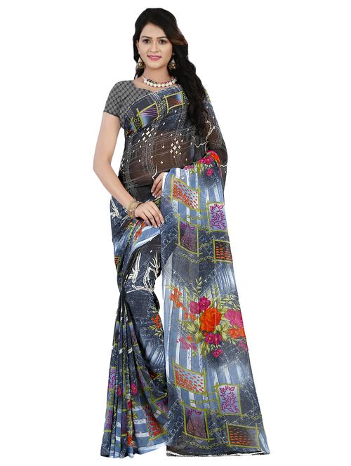 black georgette printed saree with blouse - 16426865 - Standard Image - 0