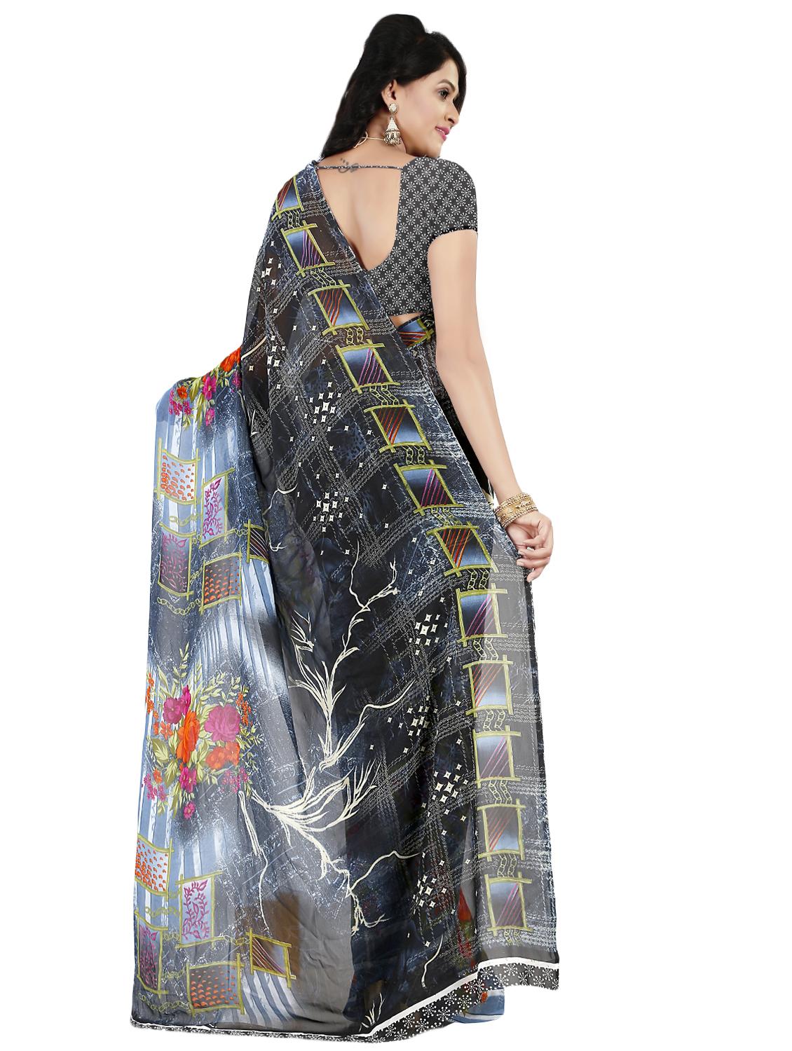 black georgette printed saree with blouse - 16426865 - Standard Image - 1