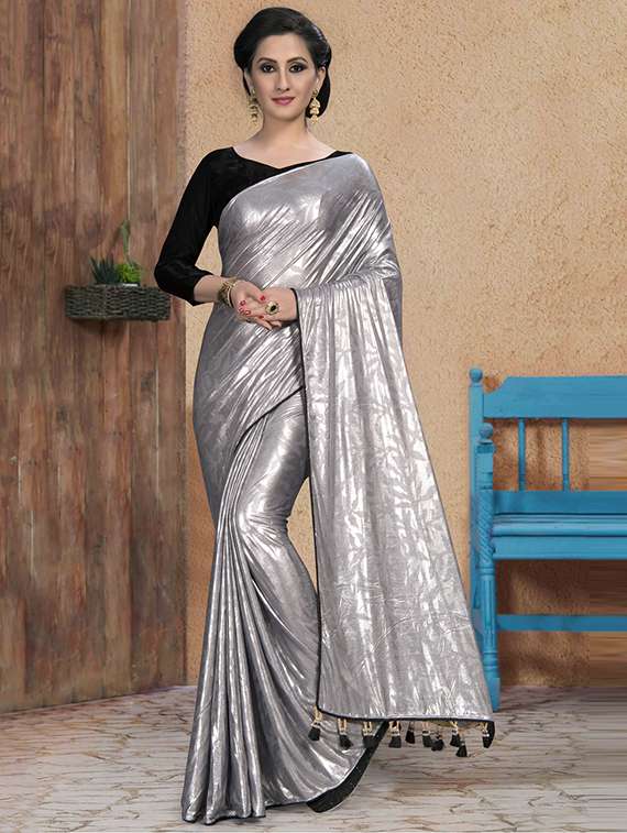silver silk blend plain saree with blouse
