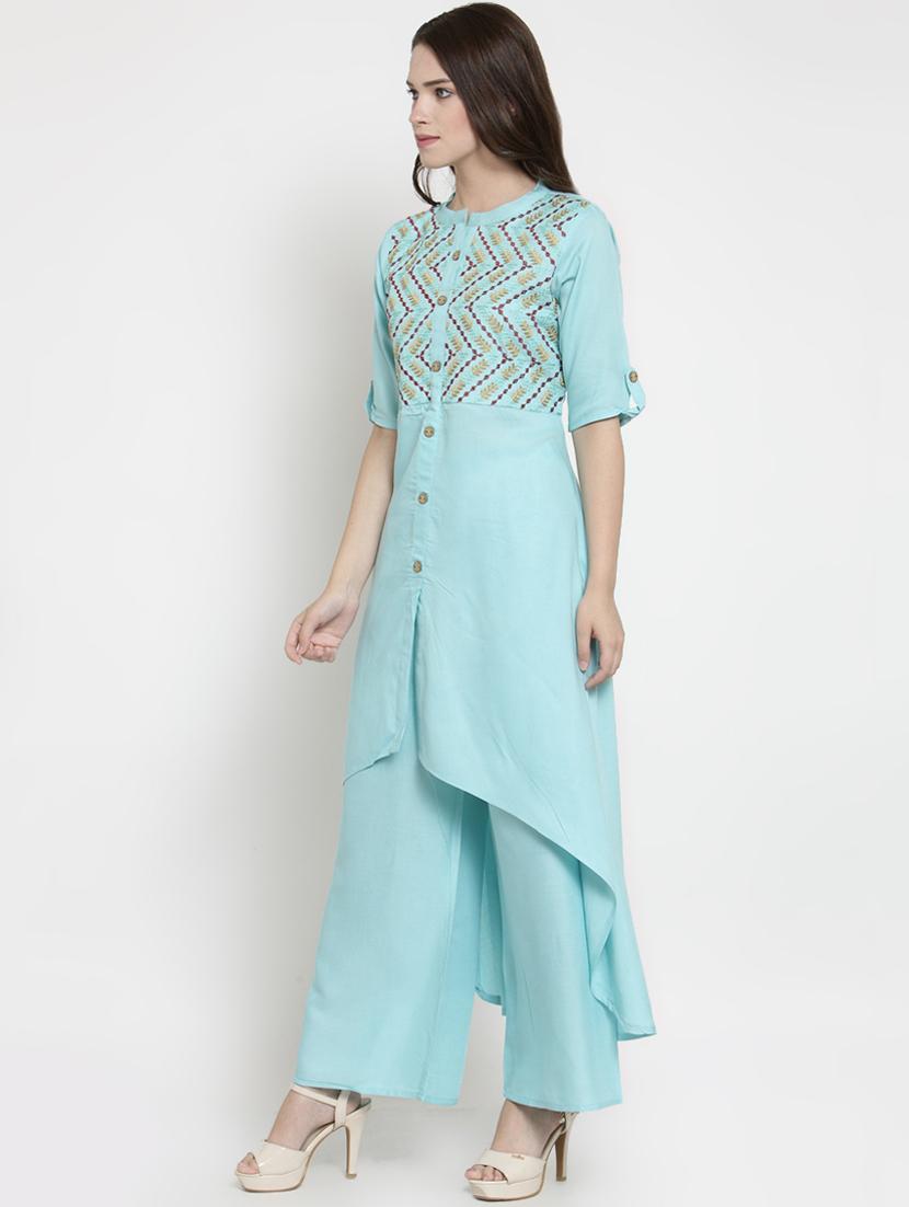embroidered high low kurta palazzo set - 16431904 -  Standard Image - 1