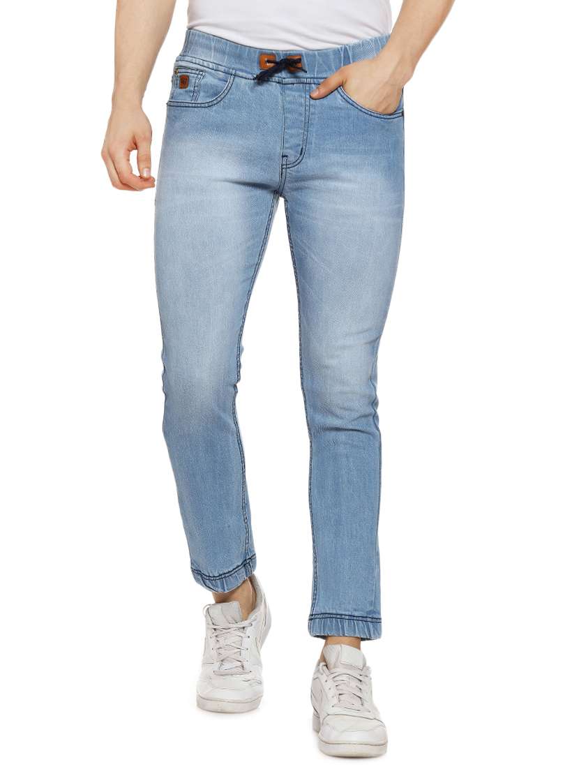 blue light washed denim joggers