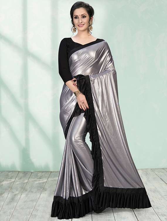 solid ruffle fusion saree with blouse
