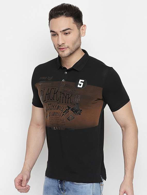 black chest print polo t-shirt - 16447036 -  Standard Image - 1