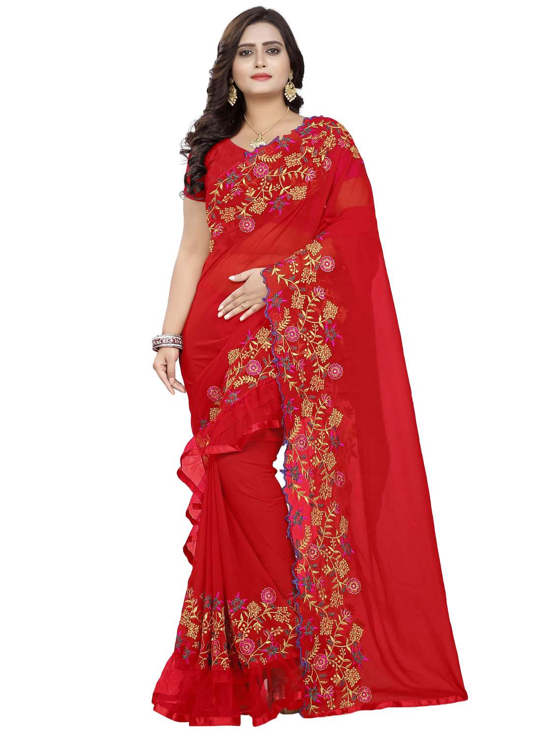 embroidered ruffle fusion saree with blouse