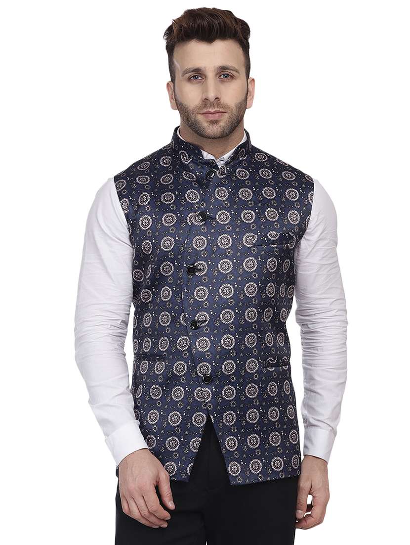 navy blue printed nehru jacket