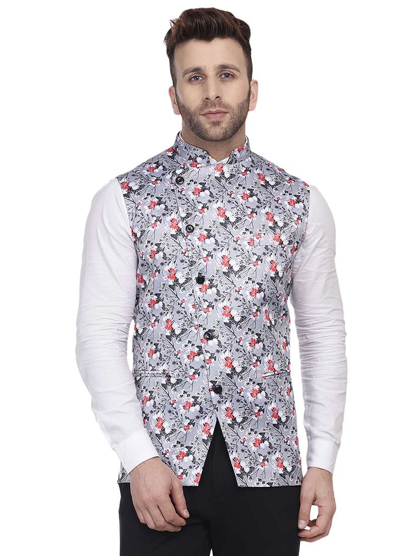 grey floral printed nehru jacket