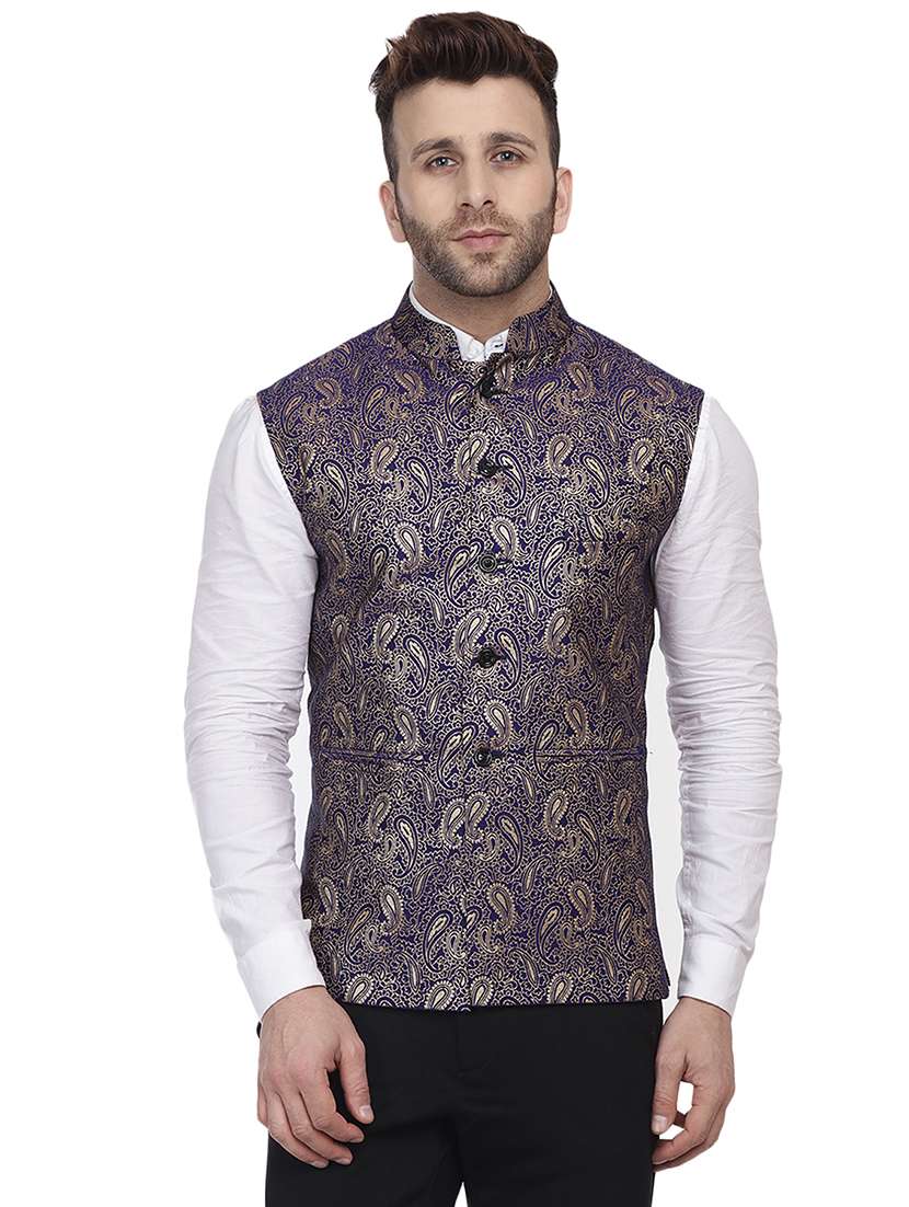 navy-blue paisley printed nehru jacket