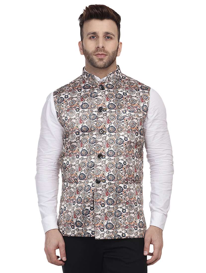 beige printed nehru jacket