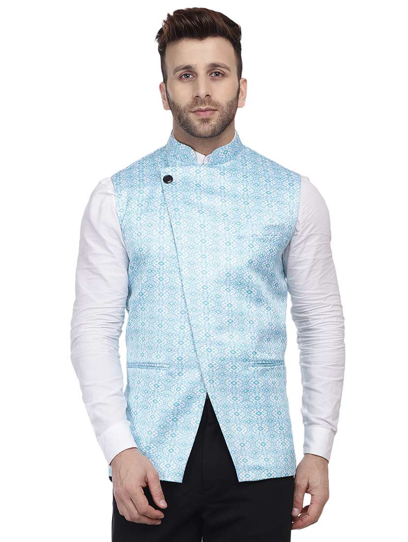 light blue printed nehru jacket